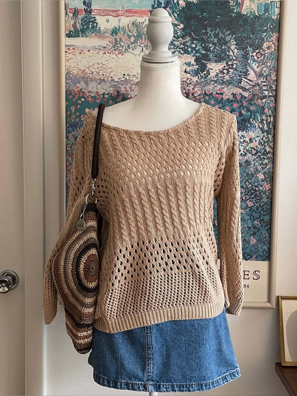 Charlotte Russe Sweater Women’s Medium Tan Open Knit Slouchy Boho Cottagecore